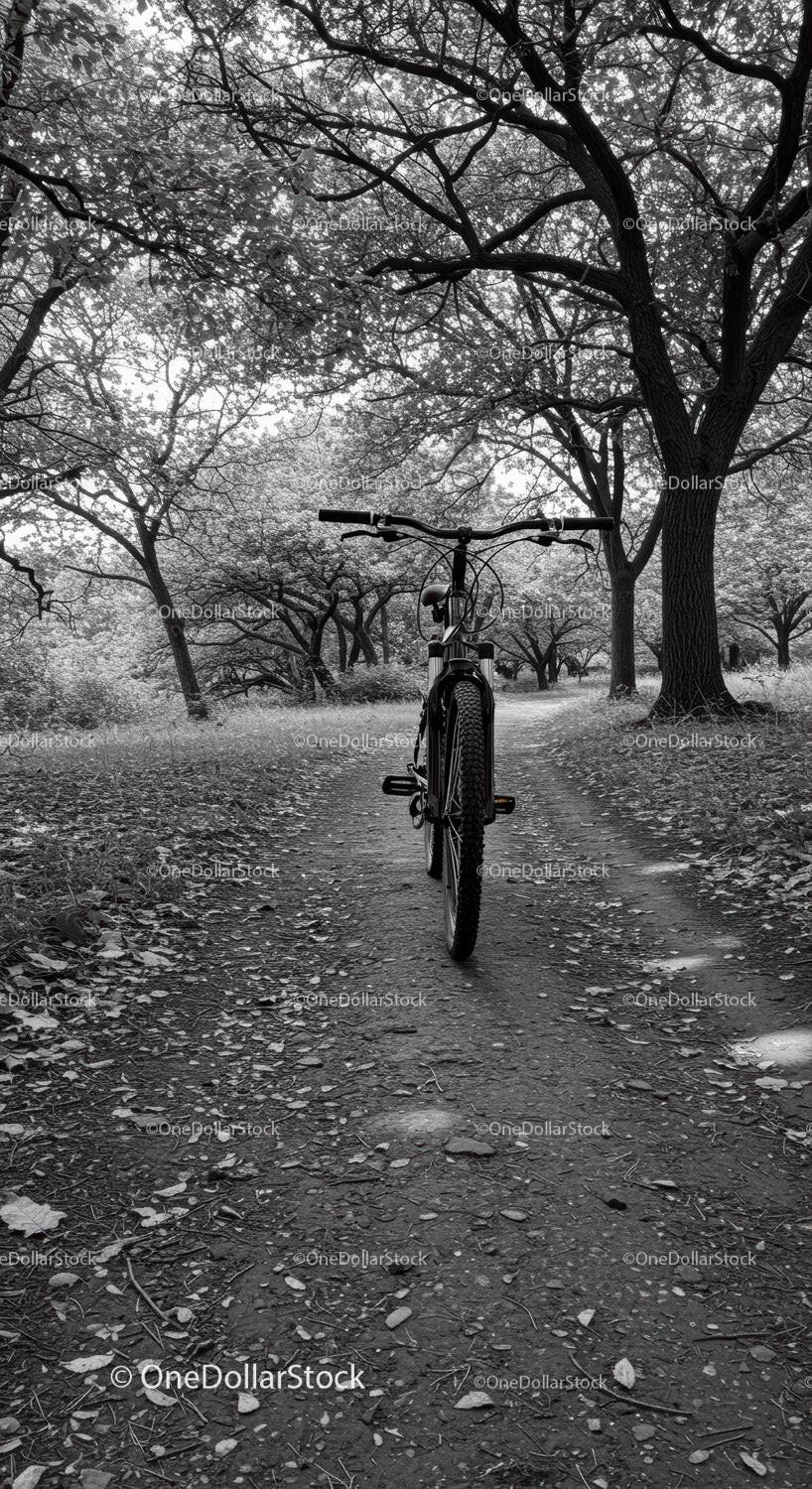 Bicycle parked on forest trail under dense trees