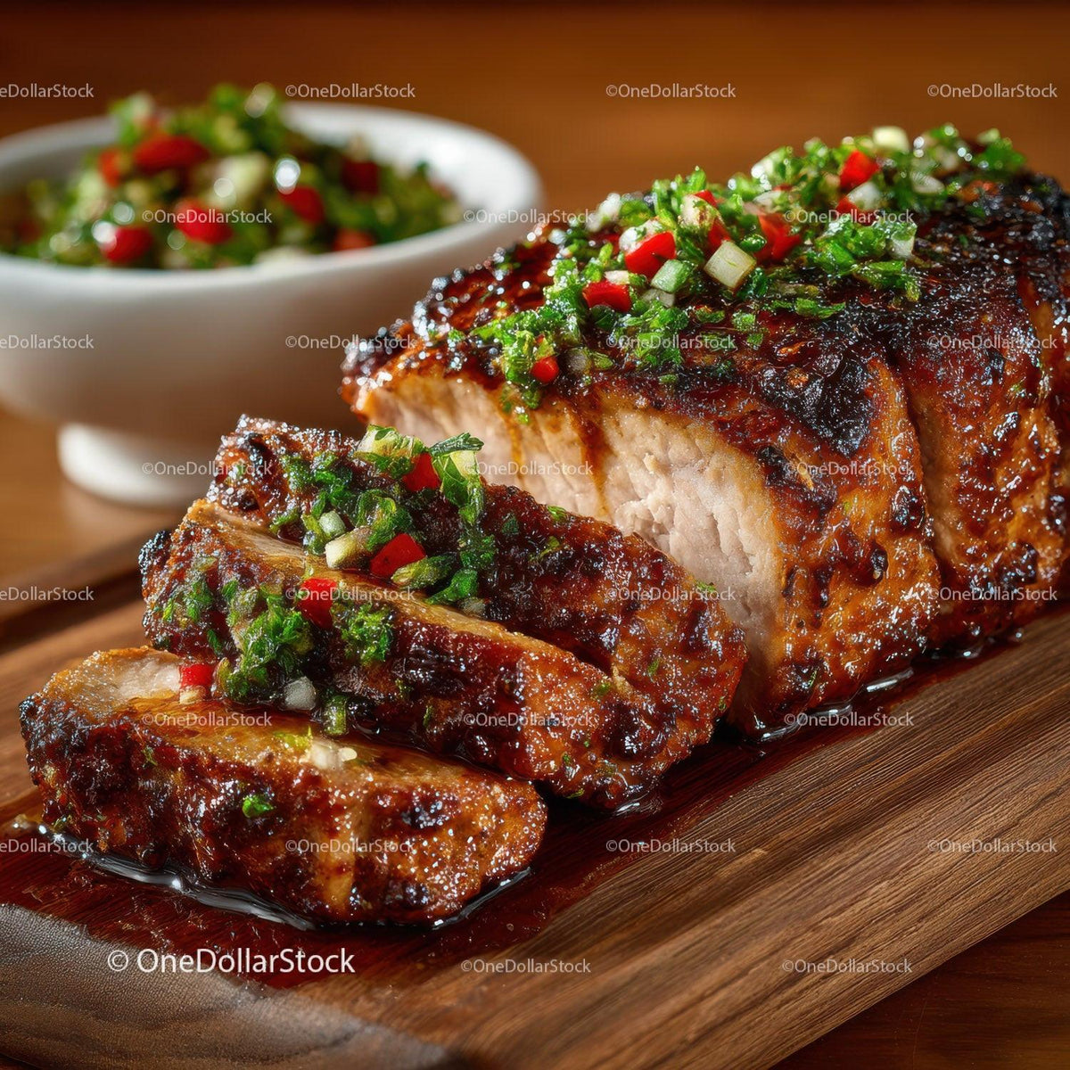 Juicy Glazed Pork Tenderloin with Green Onion and Red Chili Topping