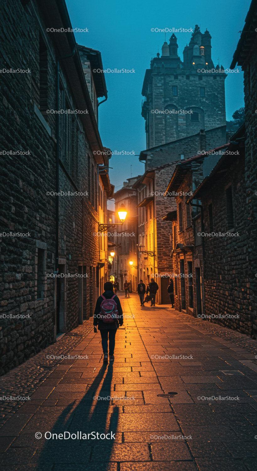 Old European Cobblestone Alley with Night Street Lamps and Medieval Buildings