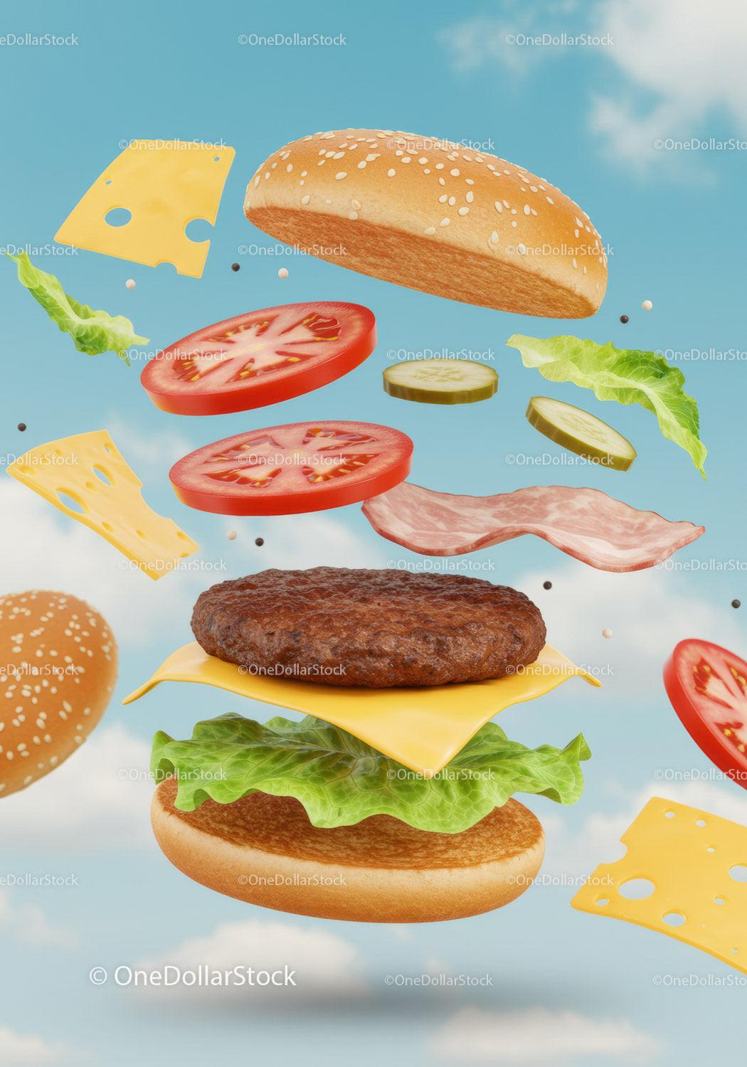 Deconstructed cheeseburger ingredients floating in sky