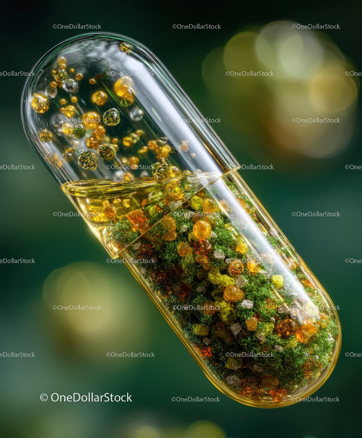 Transparent capsule with colorful granules and golden bubbles inside on green background