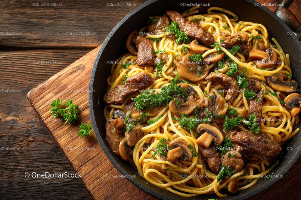 Beef and Mushroom Pasta in a Cast Iron Skillet with Cherry Tomatoes 18 JPG Files digital asset preview