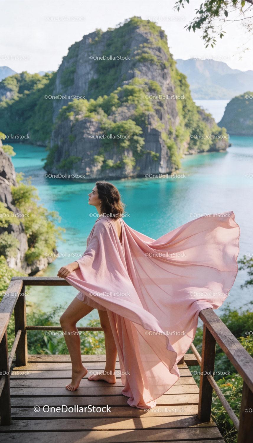 Woman in flowing pink dress overlooking turquoise bay