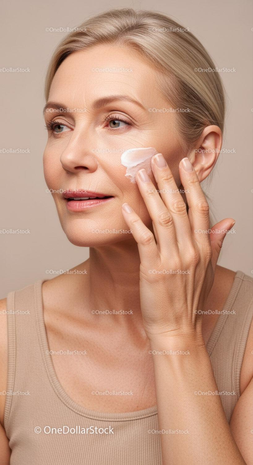 Elegant Woman Applying Facial Cream for Youthful Skin