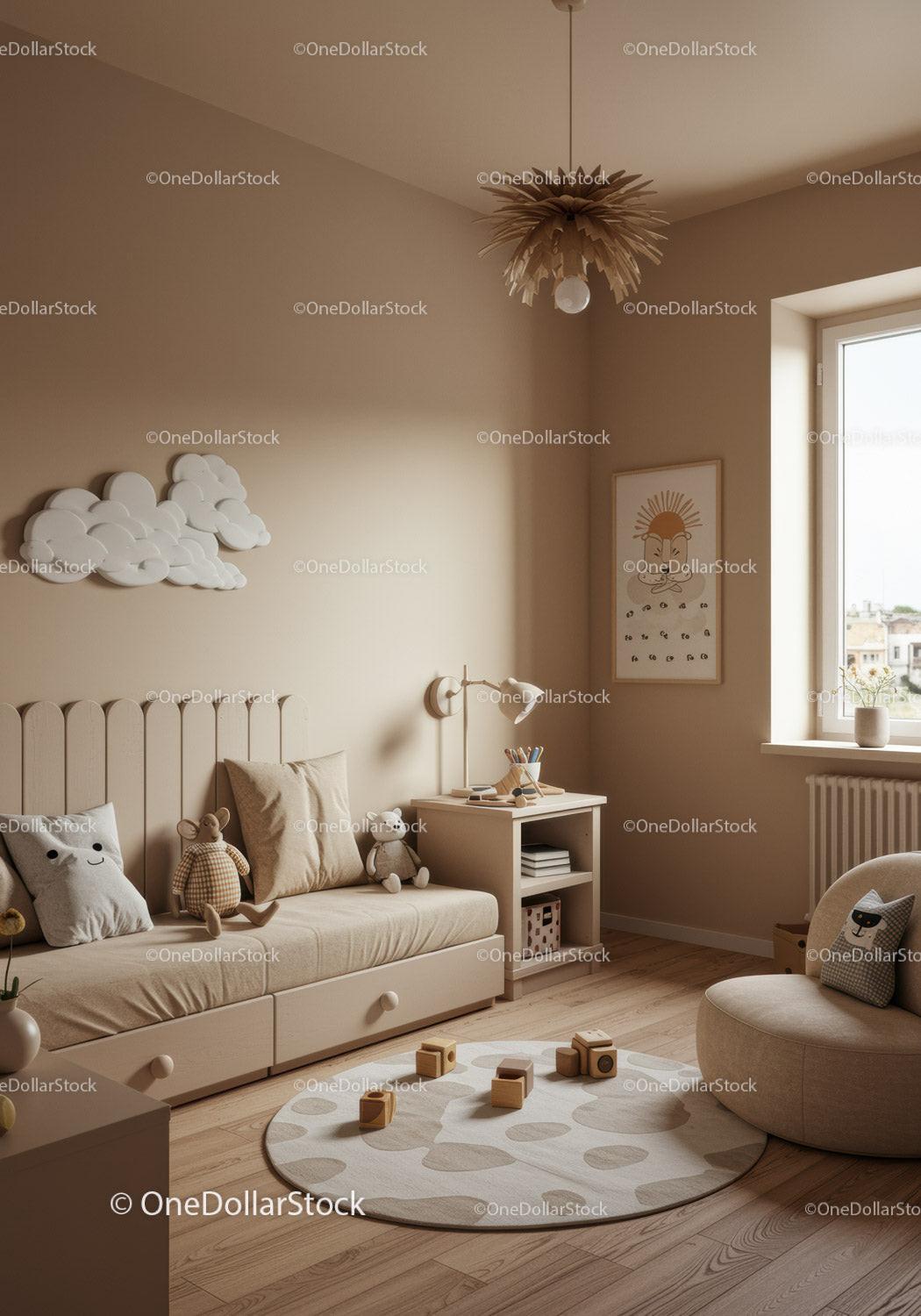 Cozy Kid's Bedroom with Plush Toys and Sun Wall Art