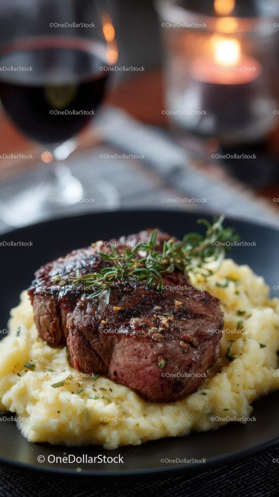 Juicy Steak with Mashed Potatoes and Herb Garnish in Elegant Restaurant Stock Photo Bundle preview 17