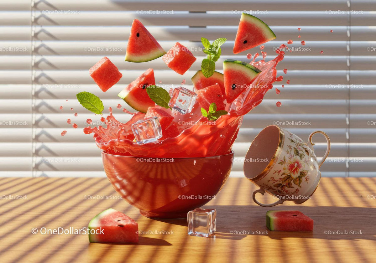 Fresh Watermelon Splash with Ice Cubes and Mint Leaves