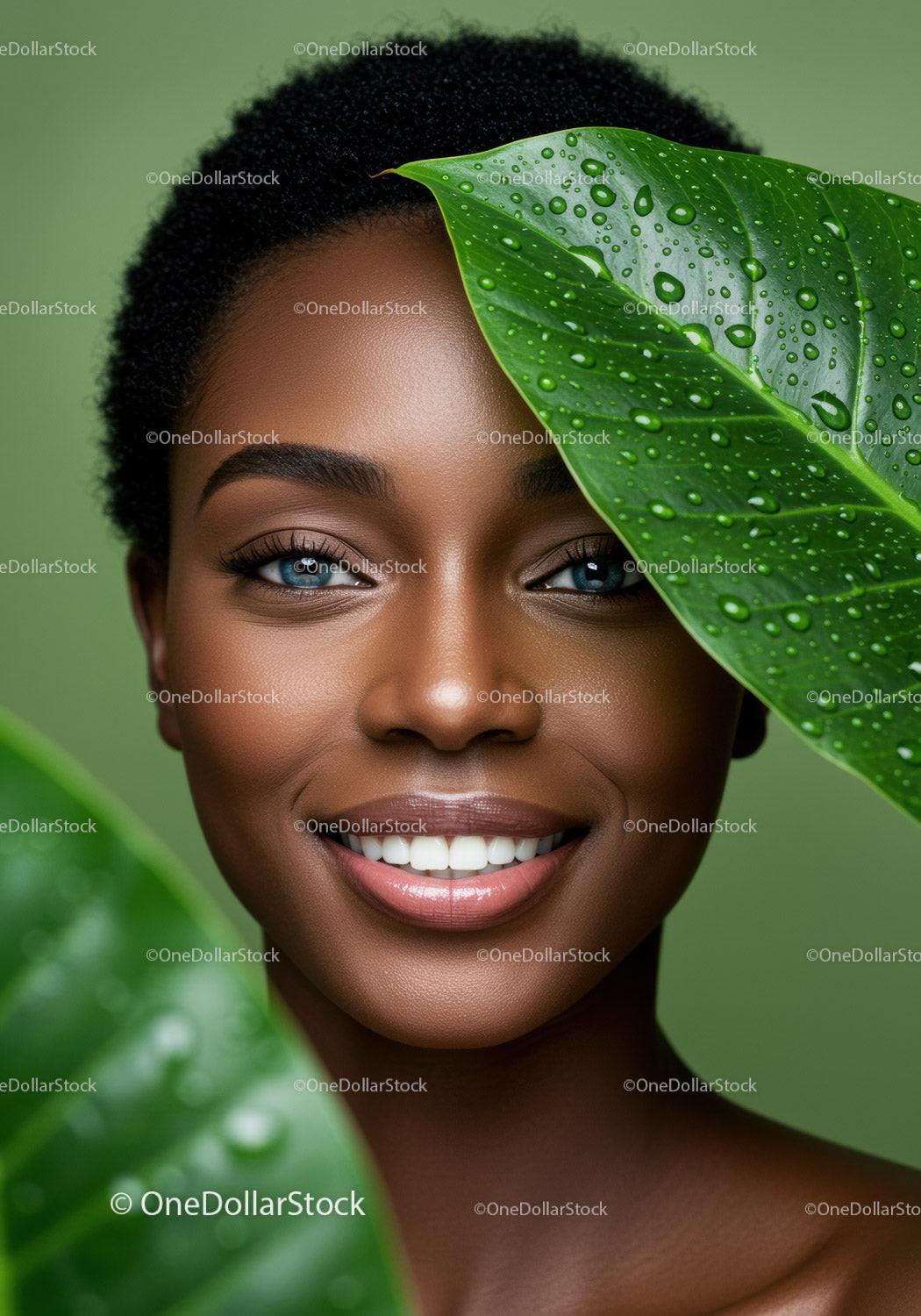Elegant African American Woman Among Tropical Green Leaves