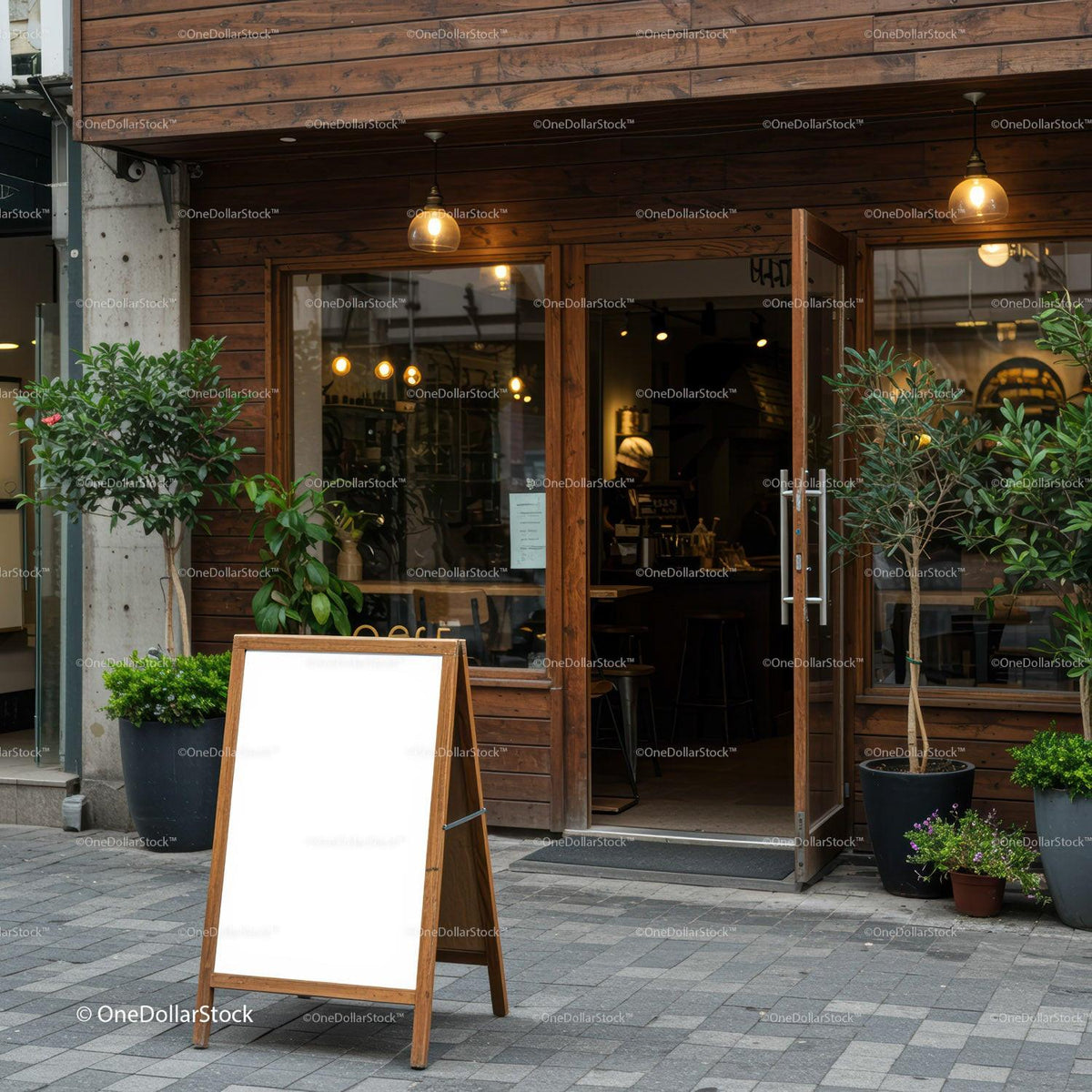 Cozy wooden cafe entrance with blank sidewalk sign JPG Mockup Image preview