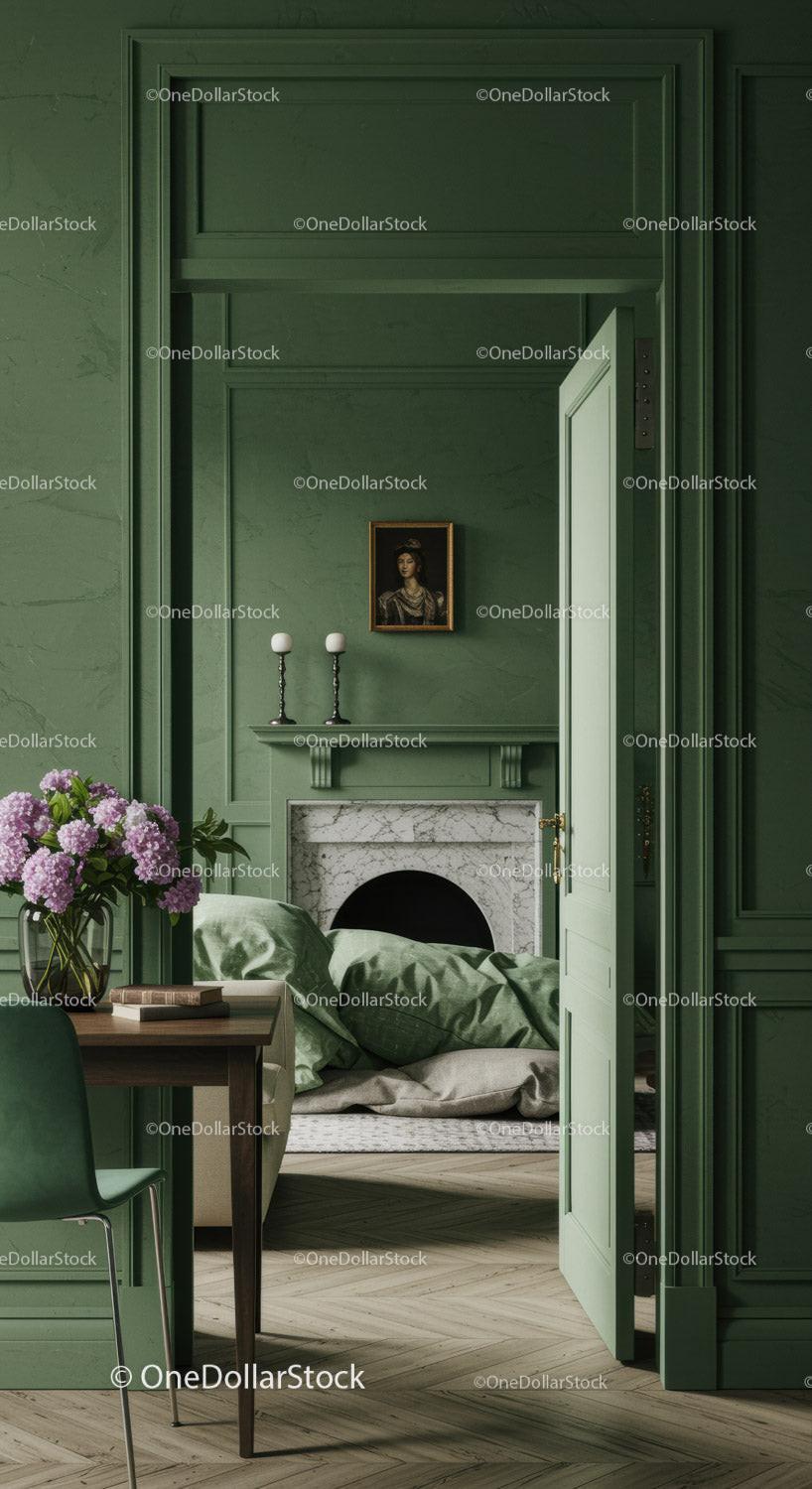 Elegant Green Walled Room with Marble Fireplace and Vintage Portrait