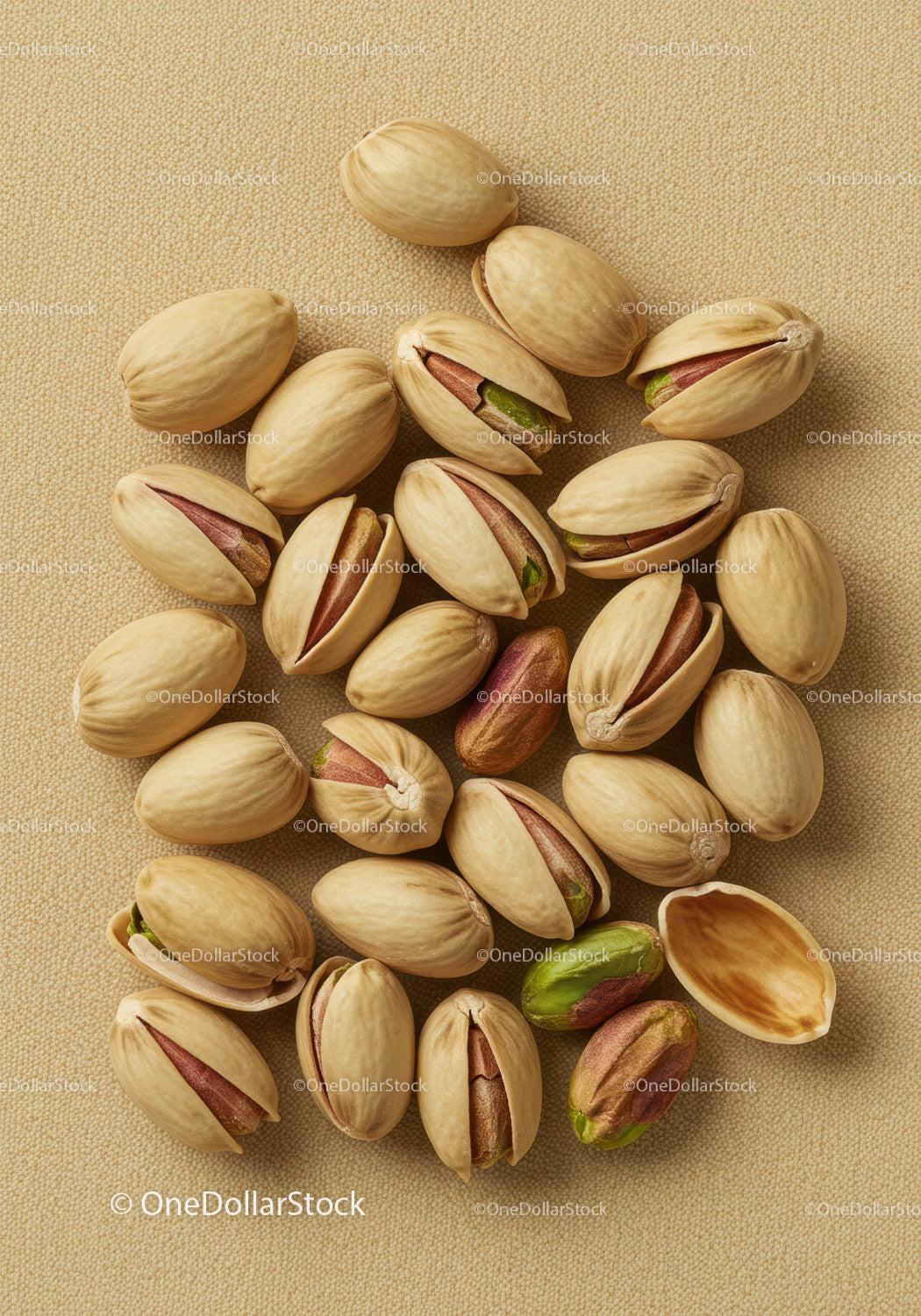 Close up of scattered pistachio nuts on beige fabric
