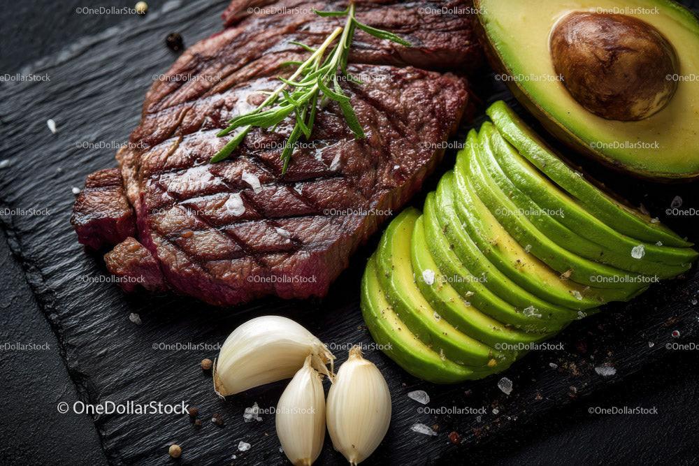 Juicy Grilled Steak with Fresh Avocado and Garlic on Rustic Board Stock Photo Bundle preview 6