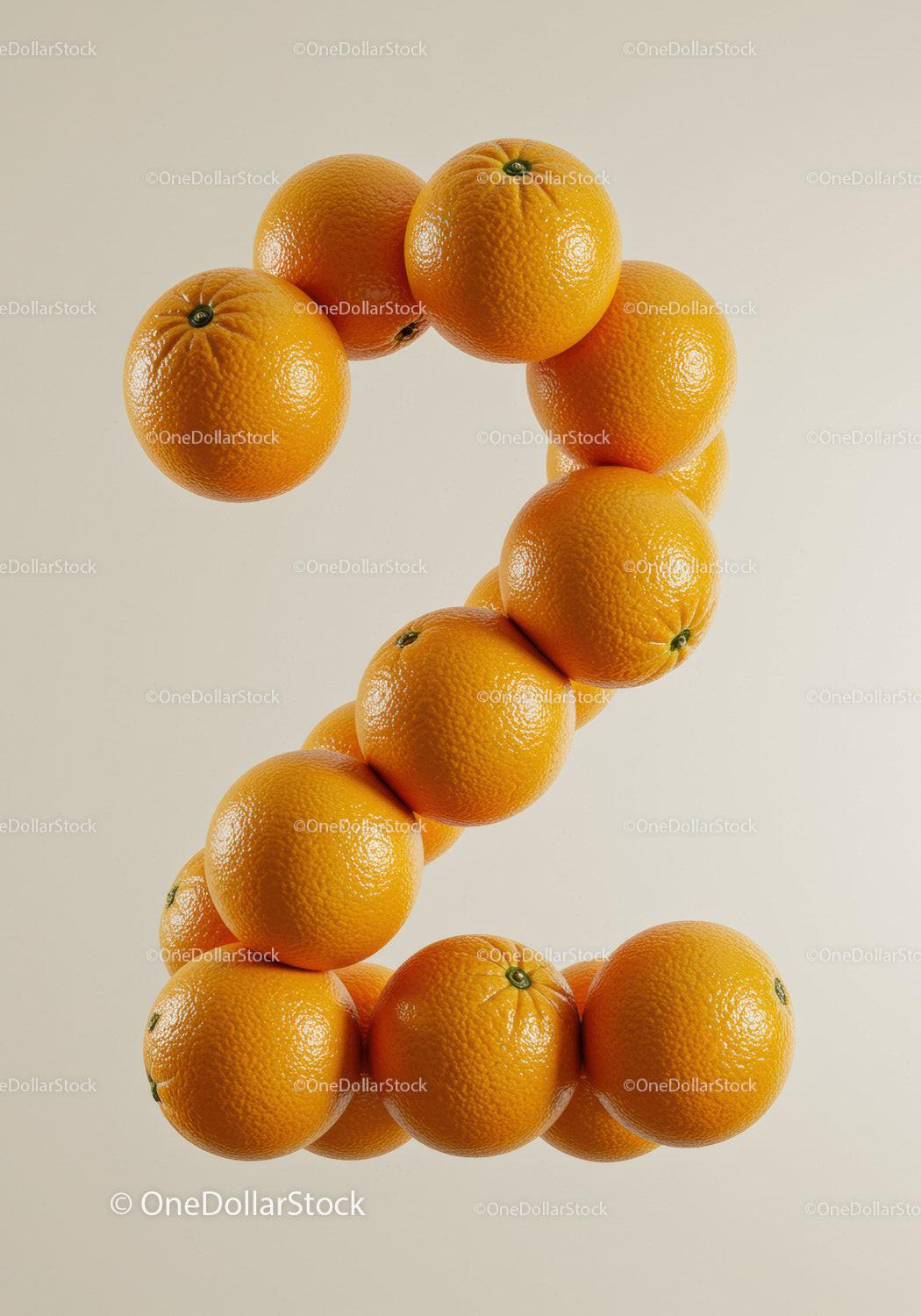 Number two formed by fresh ripe oranges on light background