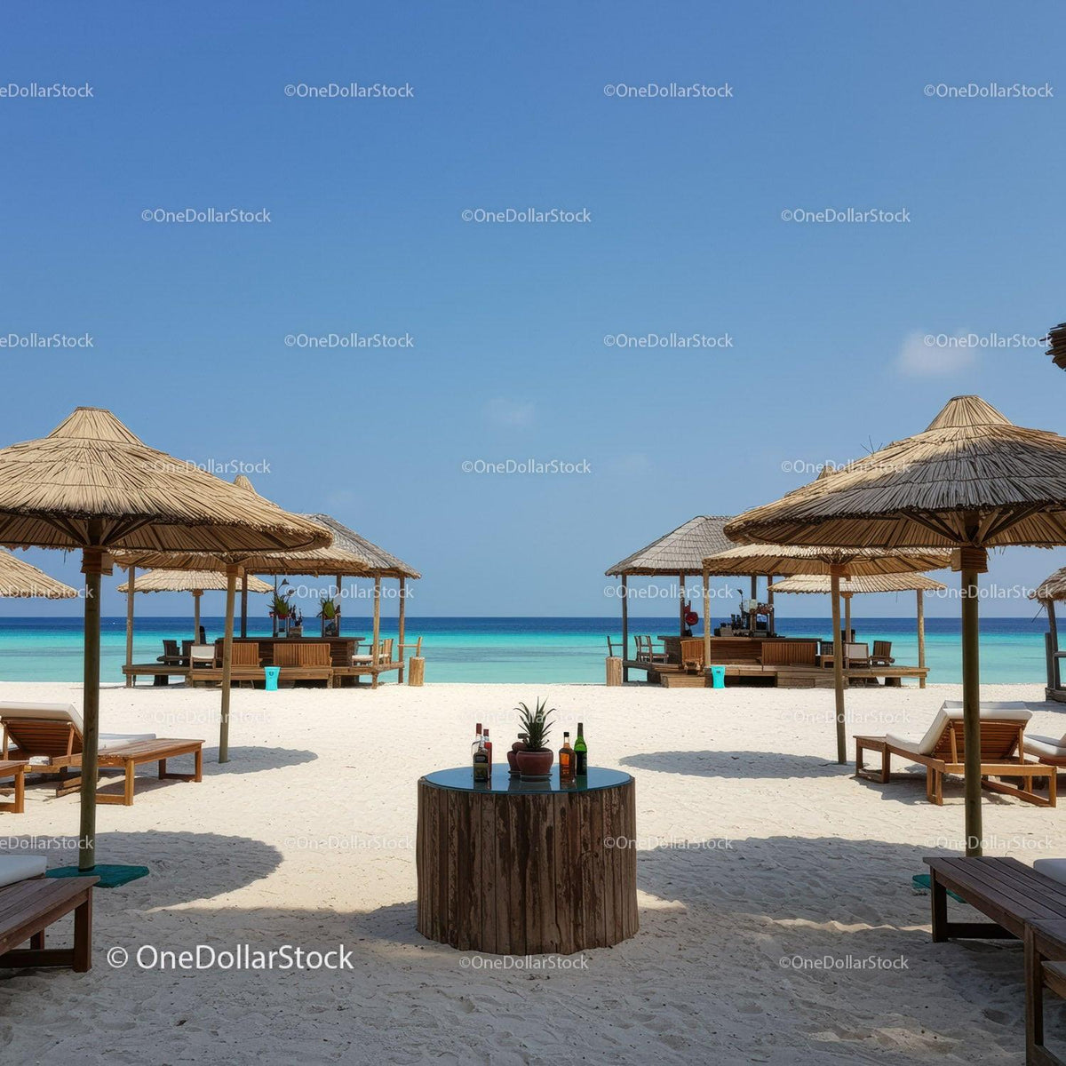 Beachside Lounge with Sun Umbrellas and Ocean View in Tropical Paradise