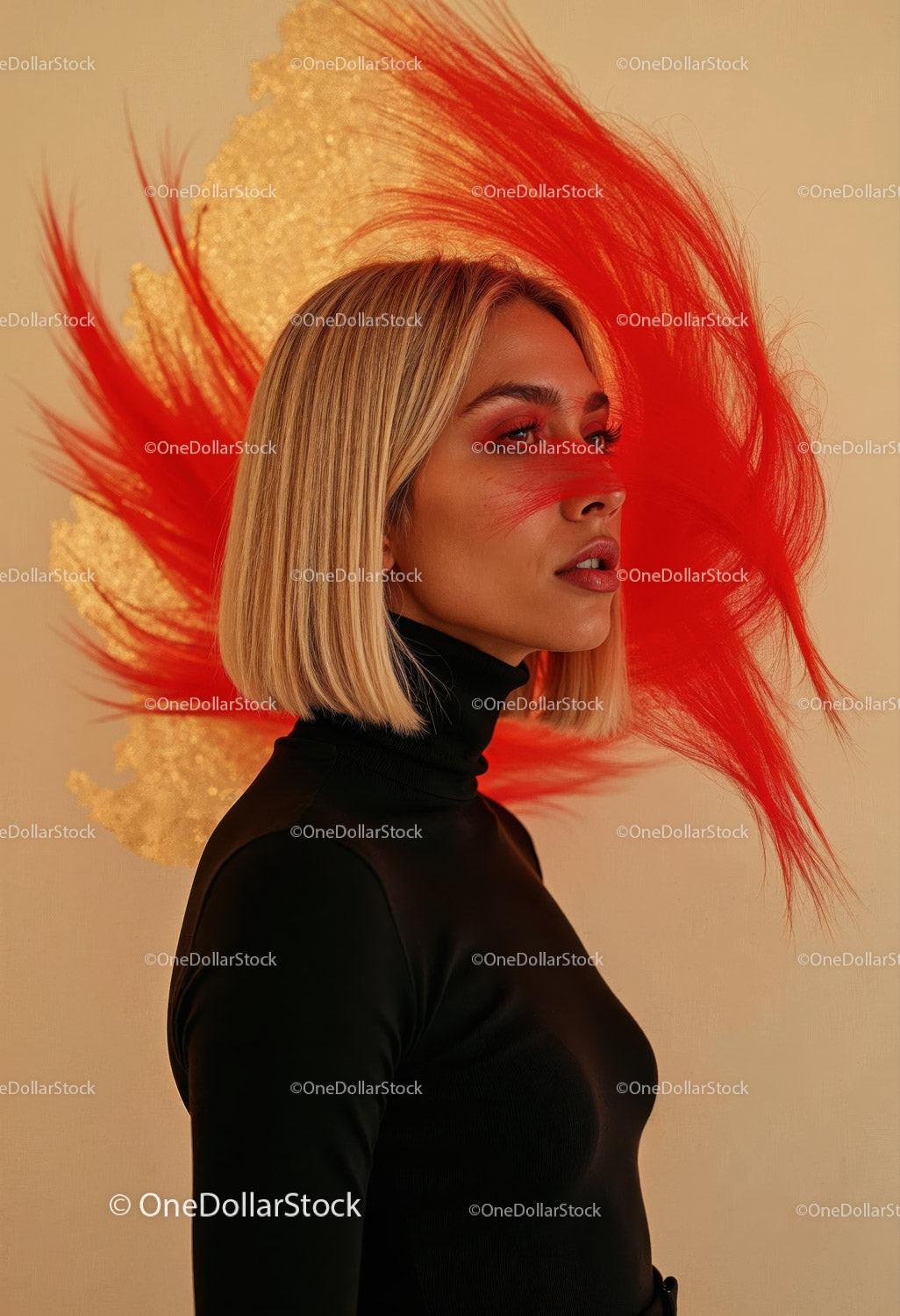 Creative Artistic Makeup Portrait with Red Face Paint and Blonde Hair Stock Photo Bundle preview 10