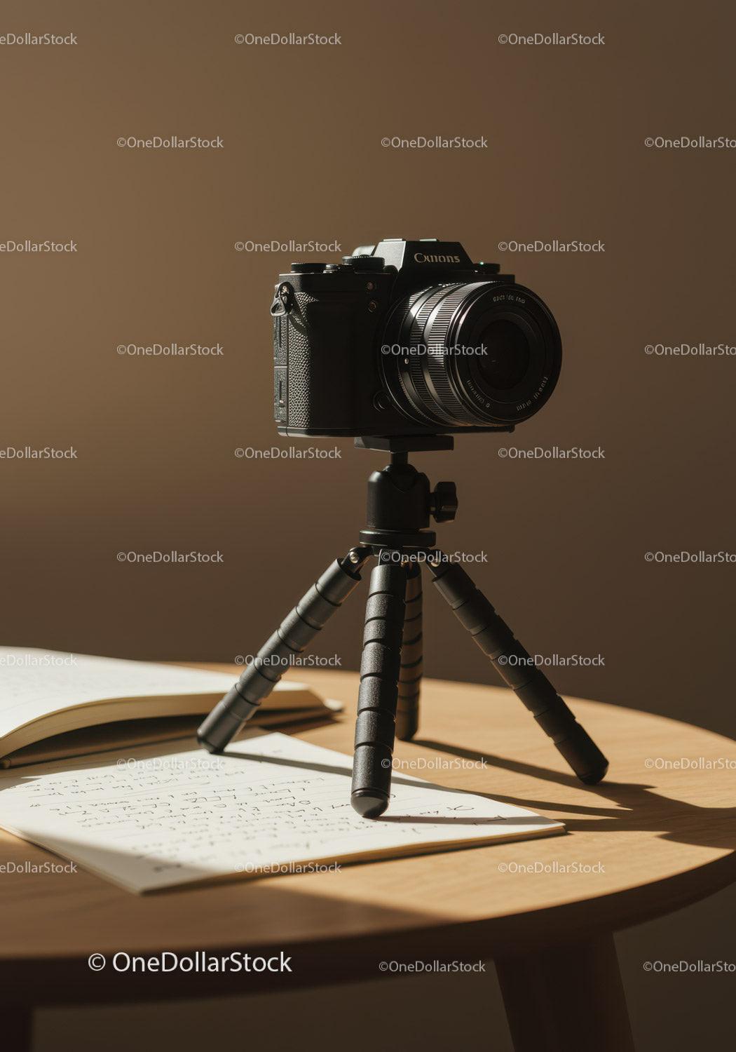 Black DSLR Camera on Tripod with Notebook in Modern Studio
