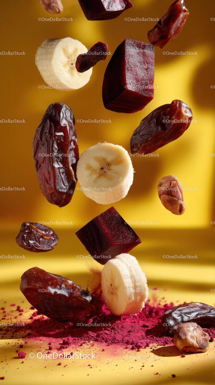 Colorful Fruit and Vegetable Mix in Vibrant Floating Composition