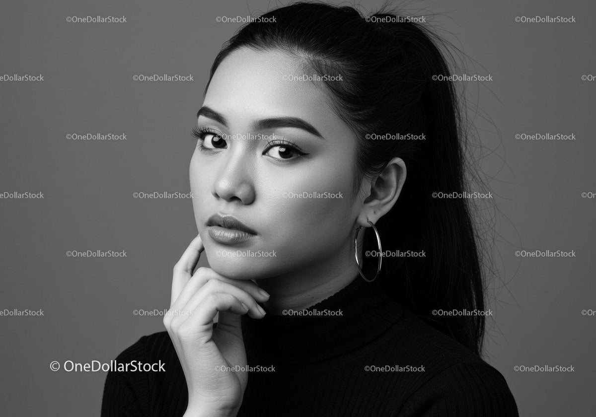 Elegant Black and White Portrait of a Confident Woman with Hoop Earrings
