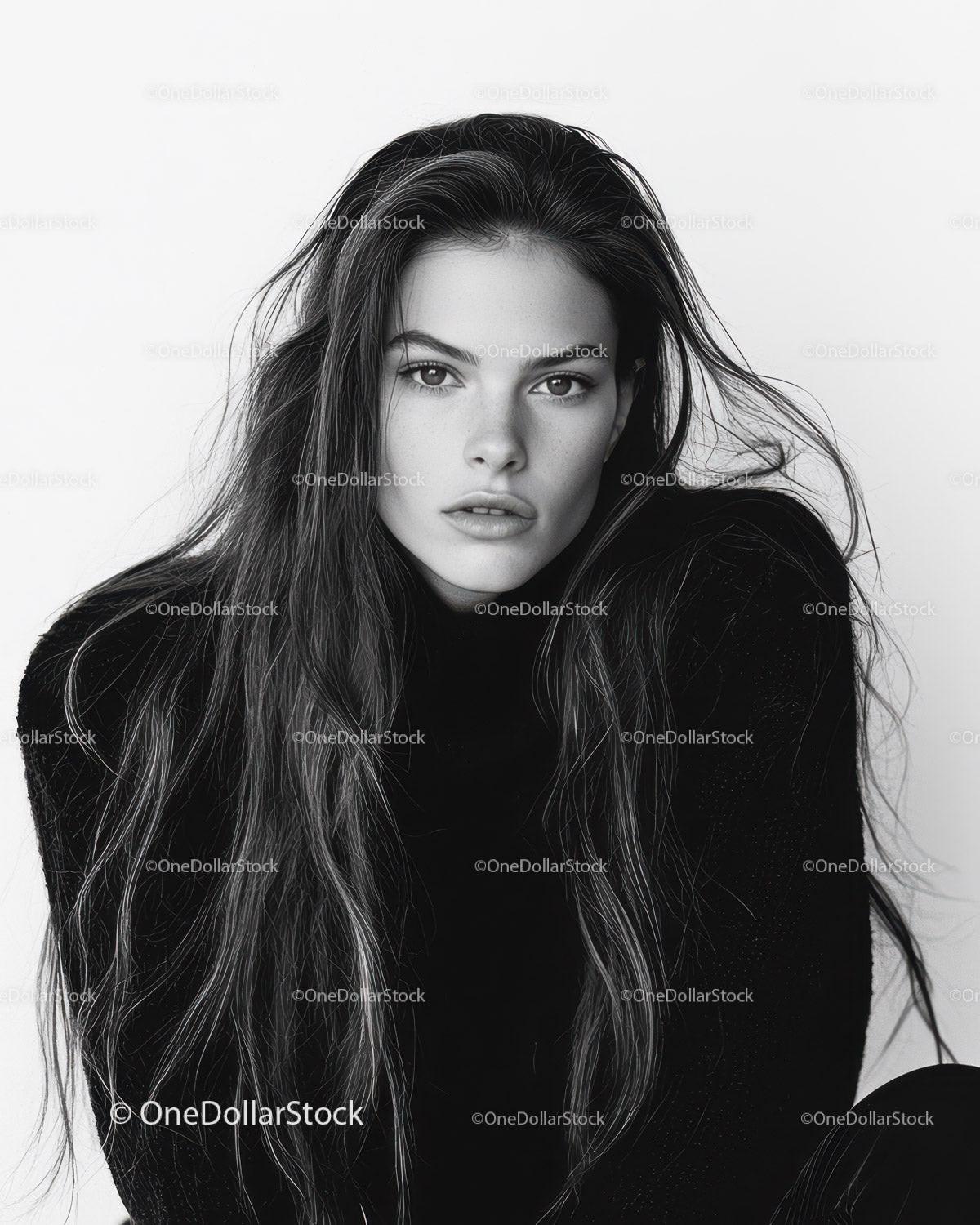 Elegant Black and White Portrait of a Young Woman with Wavy Hair