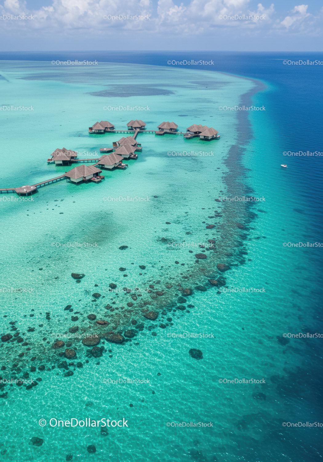 Overwater Bungalows on Turquoise Lagoon in Tropical Island Paradise
