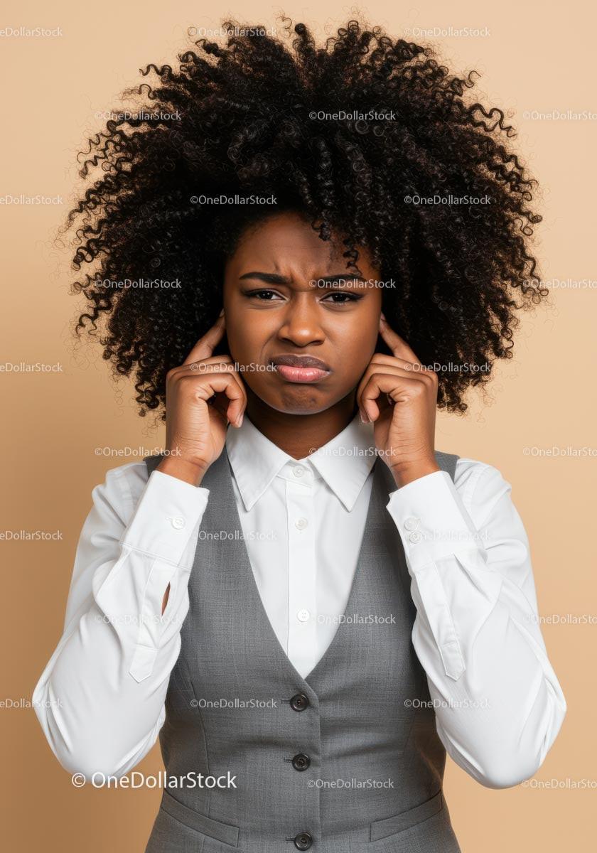 Frustrated Young Woman Covering Ears Showing Displeasure or Stress