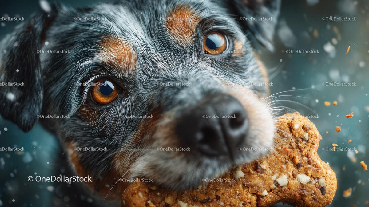 Close-up of a cute dog with a bone in its mouth showcasing furry face and expressive eyes