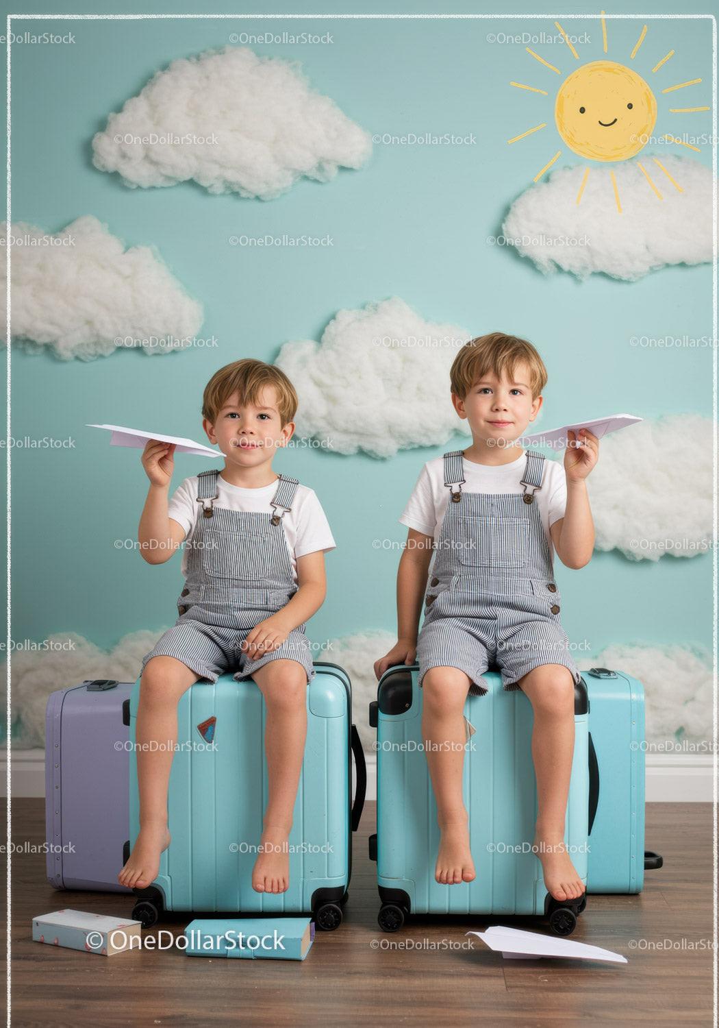 Two boys playing with paper planes on suitcases indoors