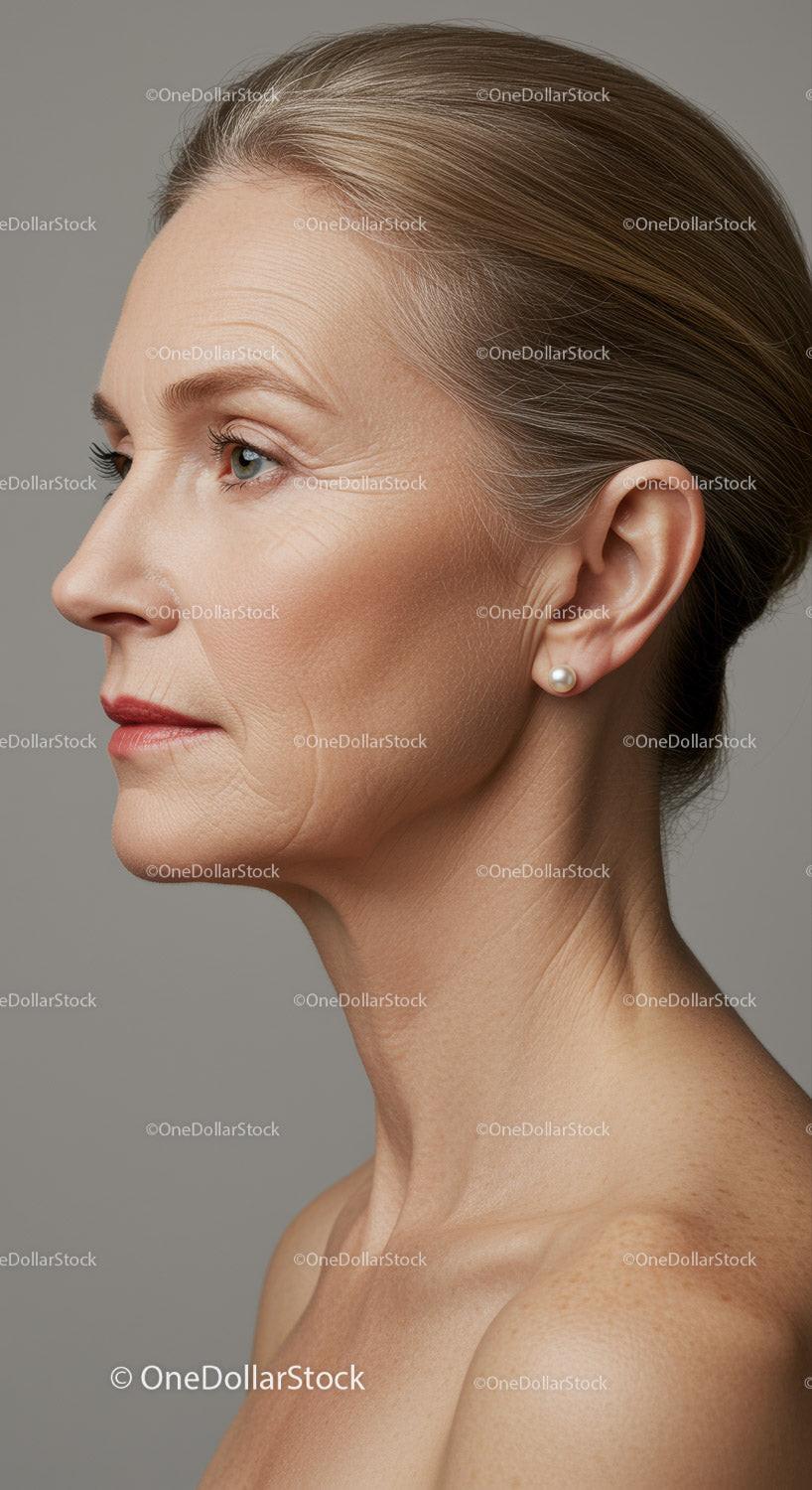 Elegant Elderly Woman Side Profile with Pearl Earring for Stock