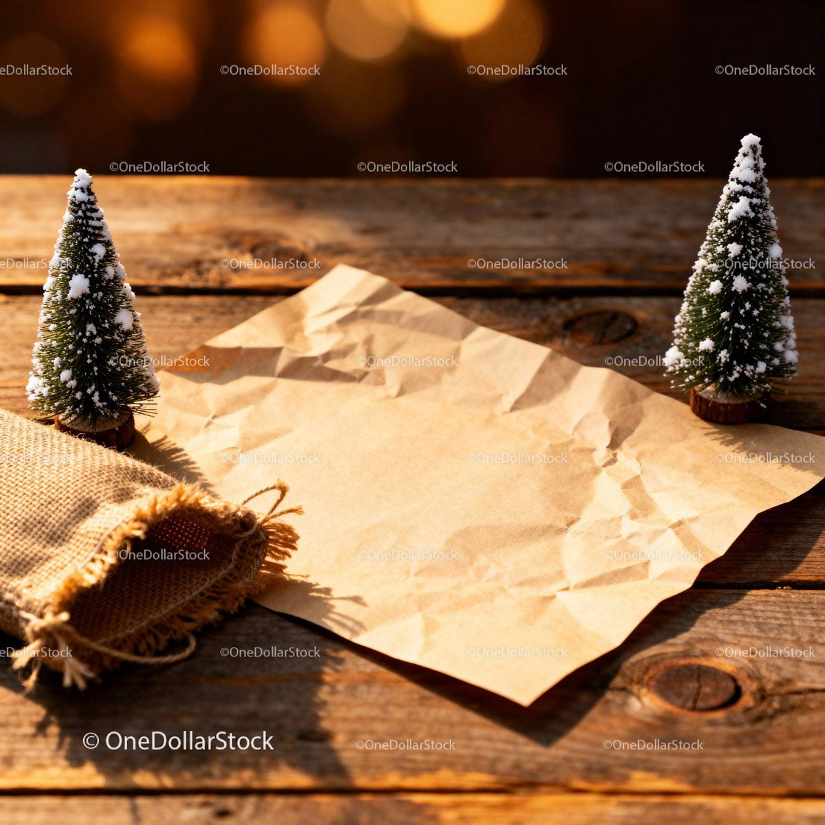 Rustic Christmas Letter on Wooden Surface with Mini Trees