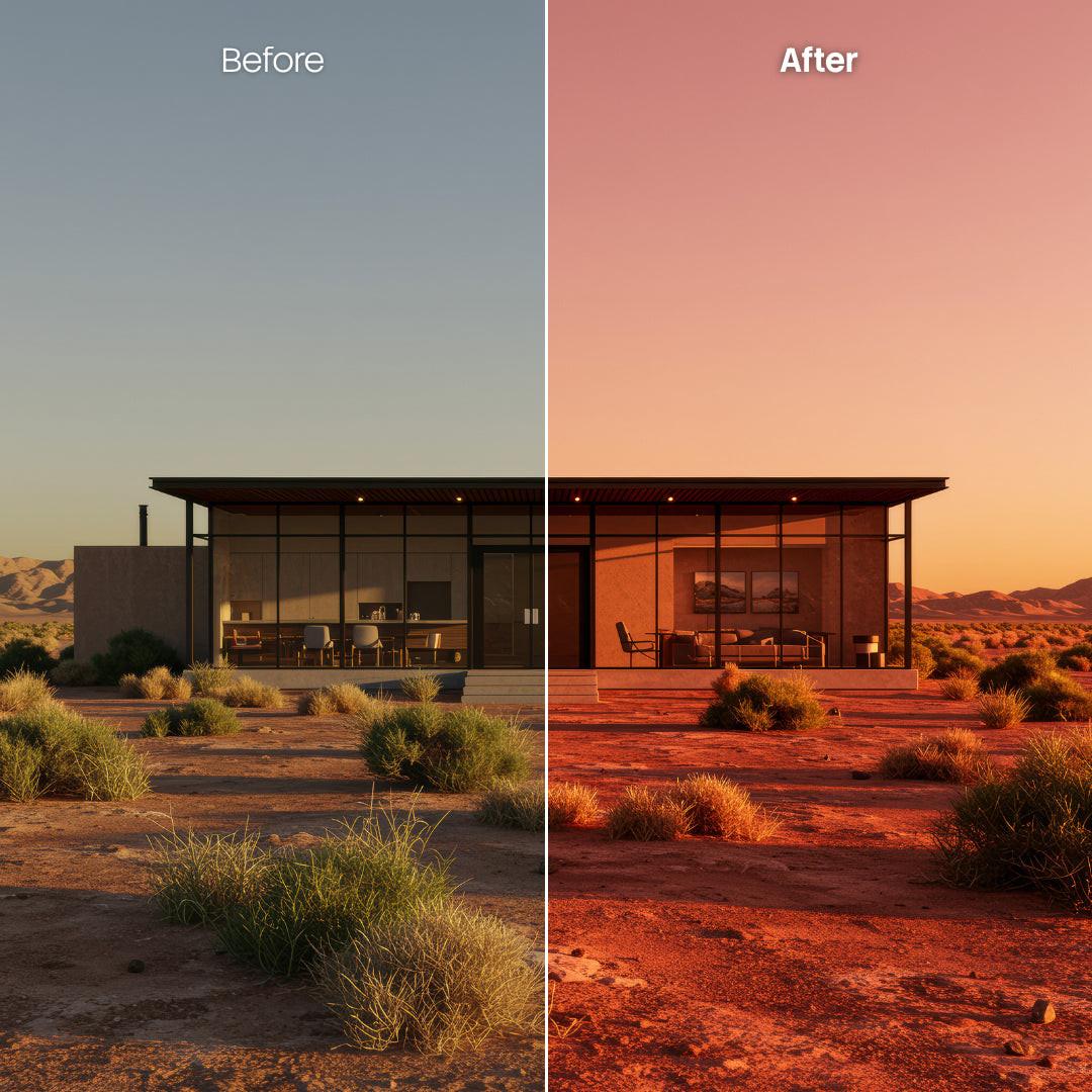 Before and after Namib LUT Pack effect