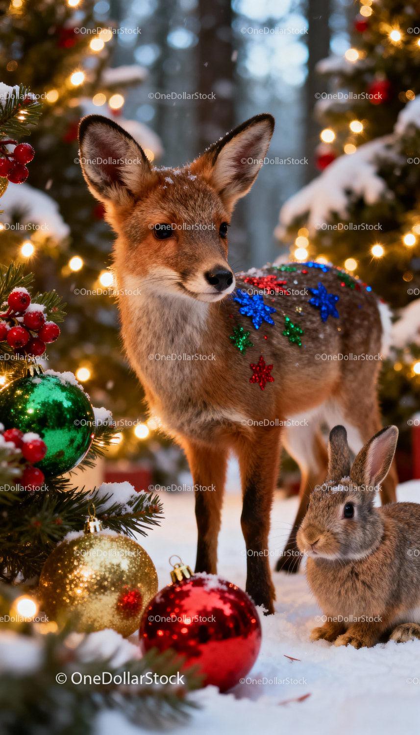 Young deer and rabbit in festive winter forest setting