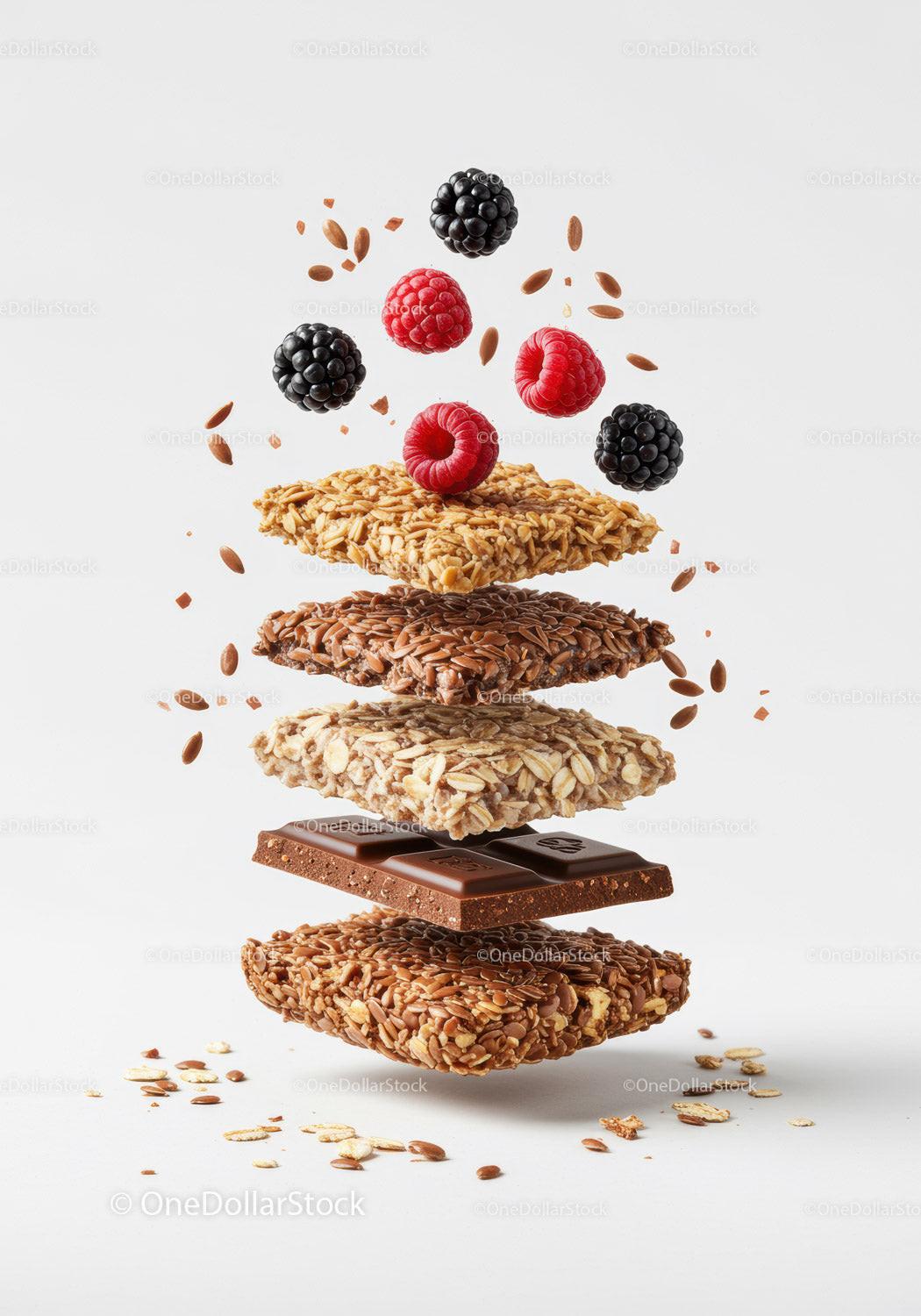 Floating granola bars with chocolate and fresh berries