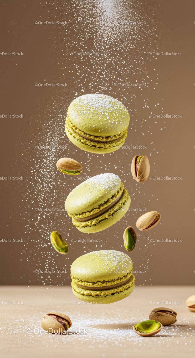 Green pistachio macarons with powdered sugar splash