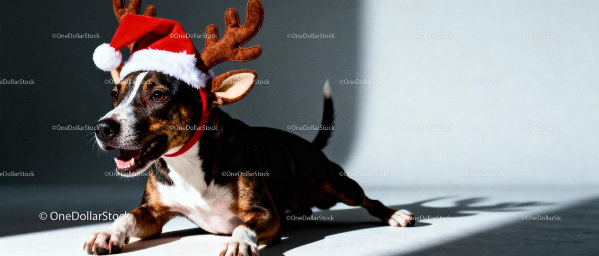 Playful dog wearing Christmas antlers and Santa hat