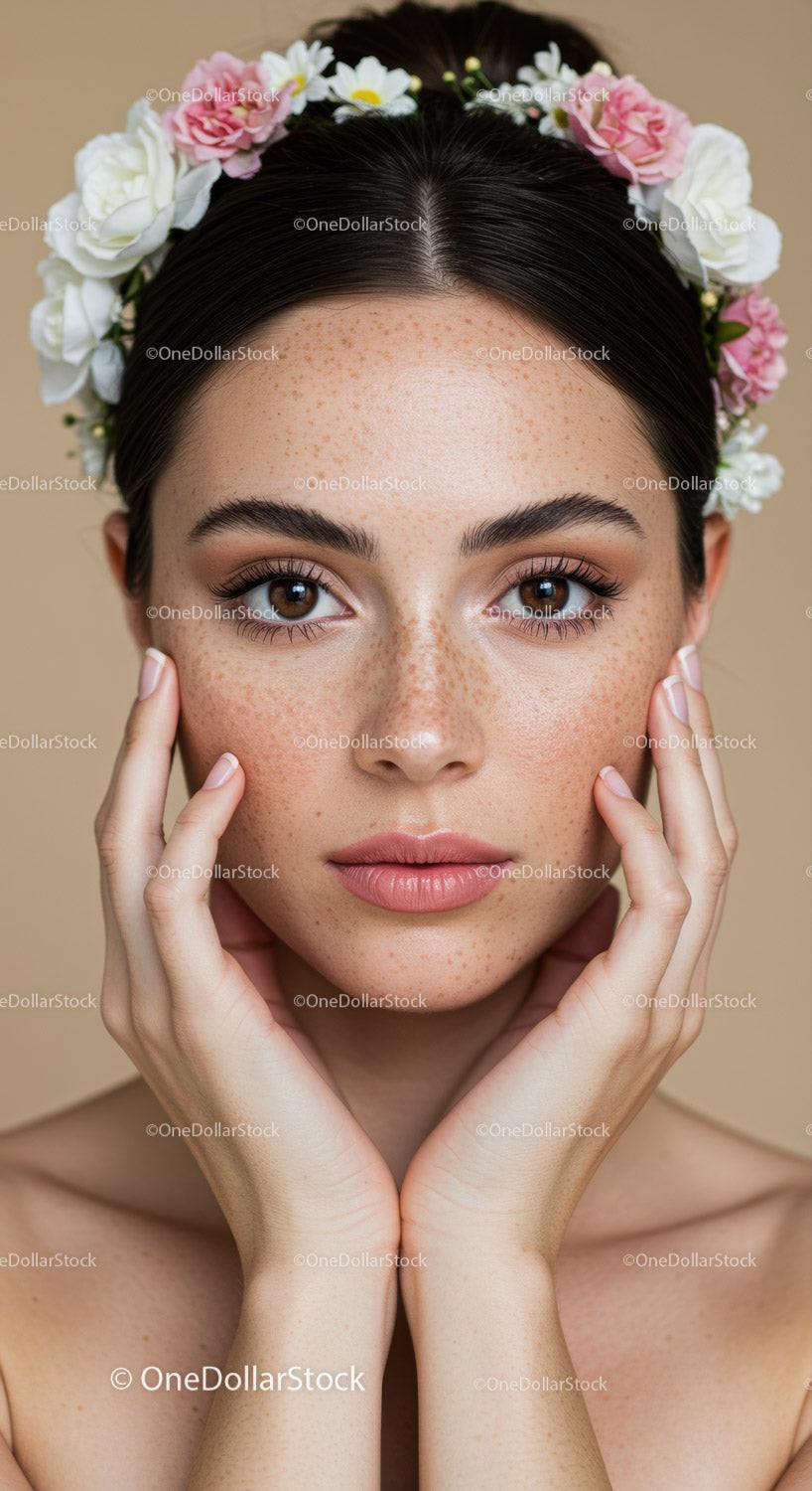 Portrait of a Young Woman with Freckles Wearing a Floral Crown
