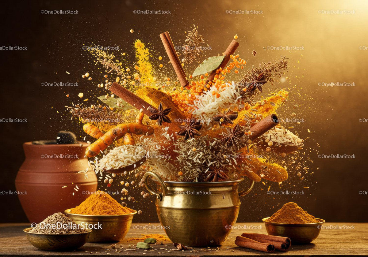 Burst of Indian spices over rustic table with brass pot