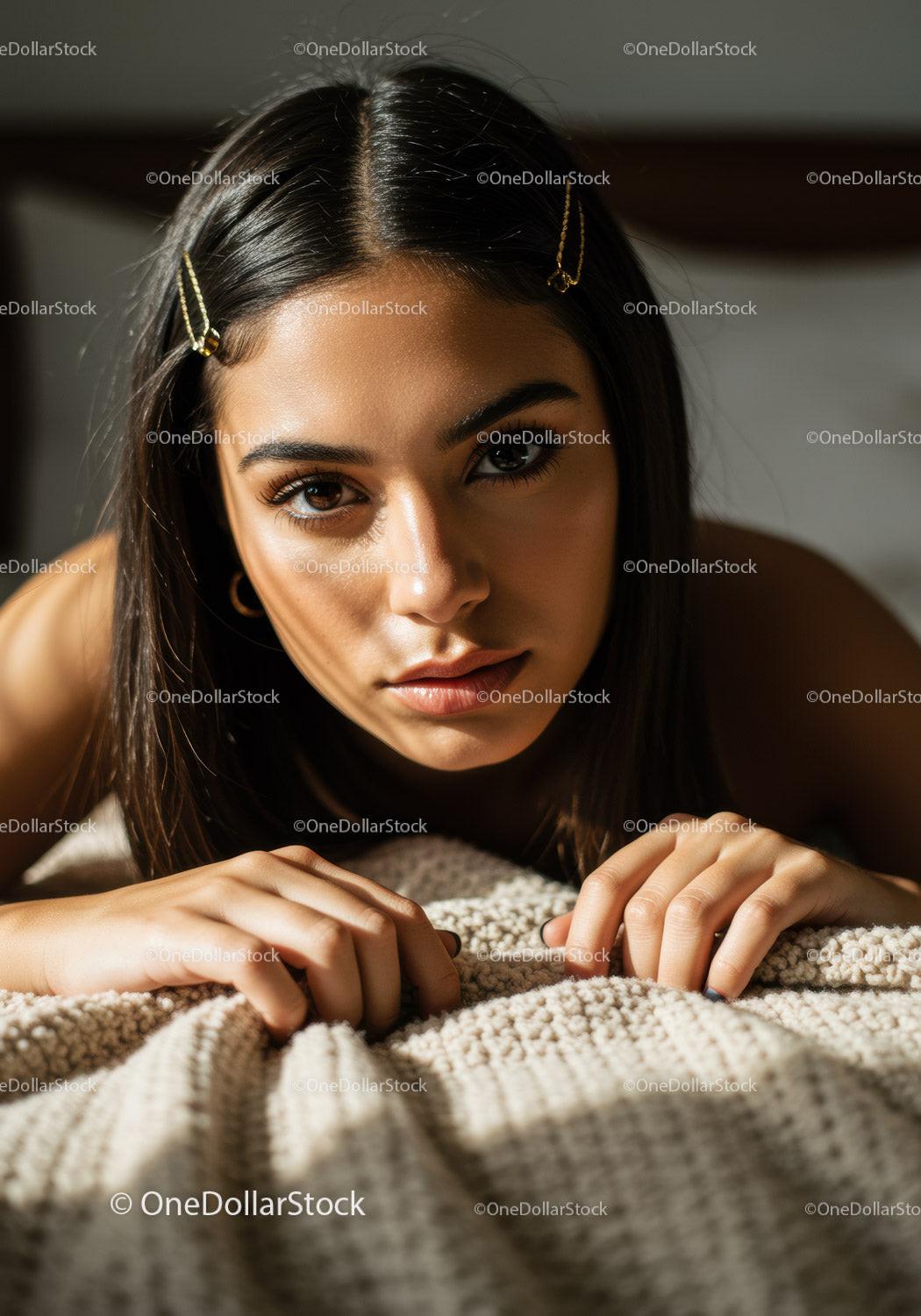 Intimate Portrait of a Young Woman with Expressive Eyes Amid Cozy Setting