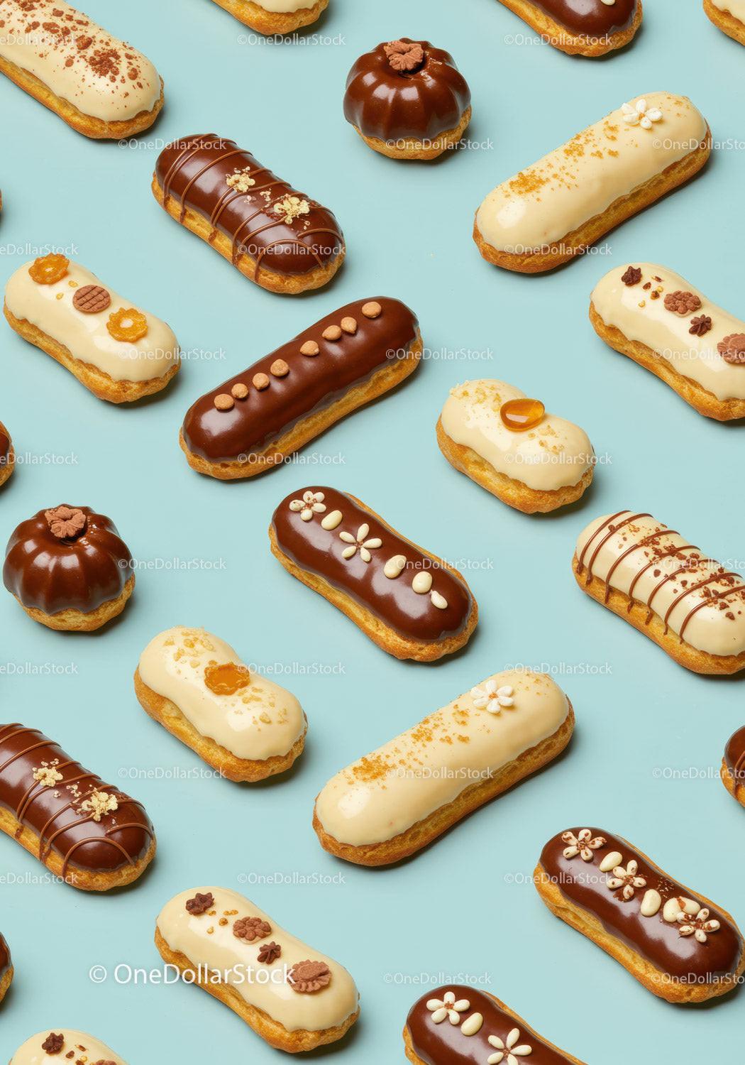 Assorted chocolate and cream éclairs on pastel background