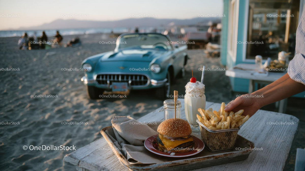 Beachside Cheeseburger French Fries and Milkshake with Classic Car Stock Photo Bundle preview 29
