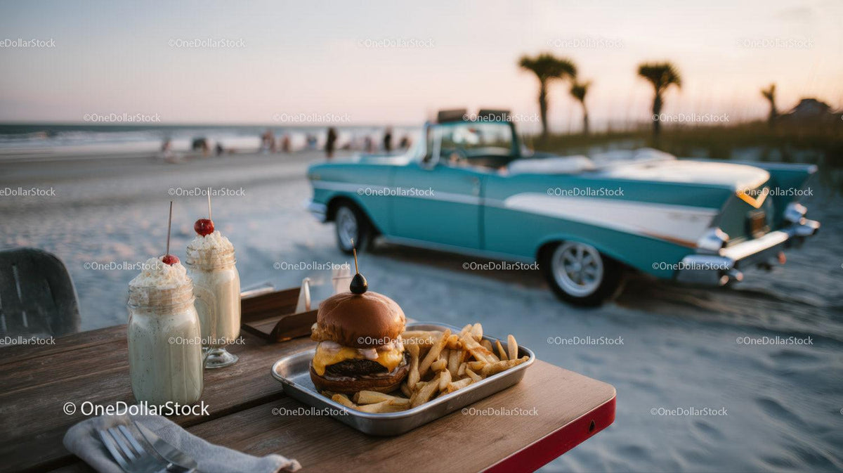 Beachside Cheeseburger French Fries and Milkshake with Classic Car Stock Photo Bundle preview 40