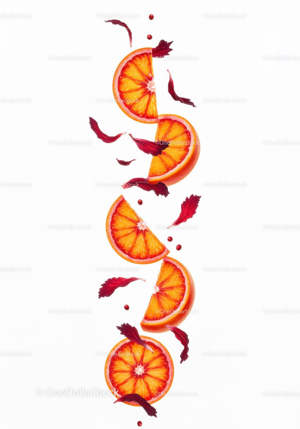 Blood Orange Slices with Hibiscus Petals on White