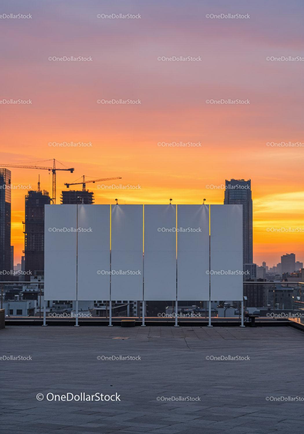 City Skyline at Sunset with Modern Skyscrapers and Construction Cranes JPG Mockup Image preview