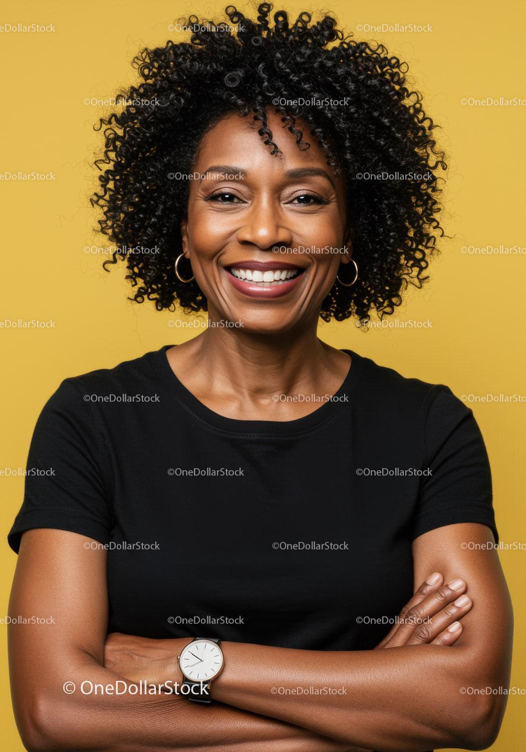 Confident Woman with Afro Hair Smiling in Studio Portrait