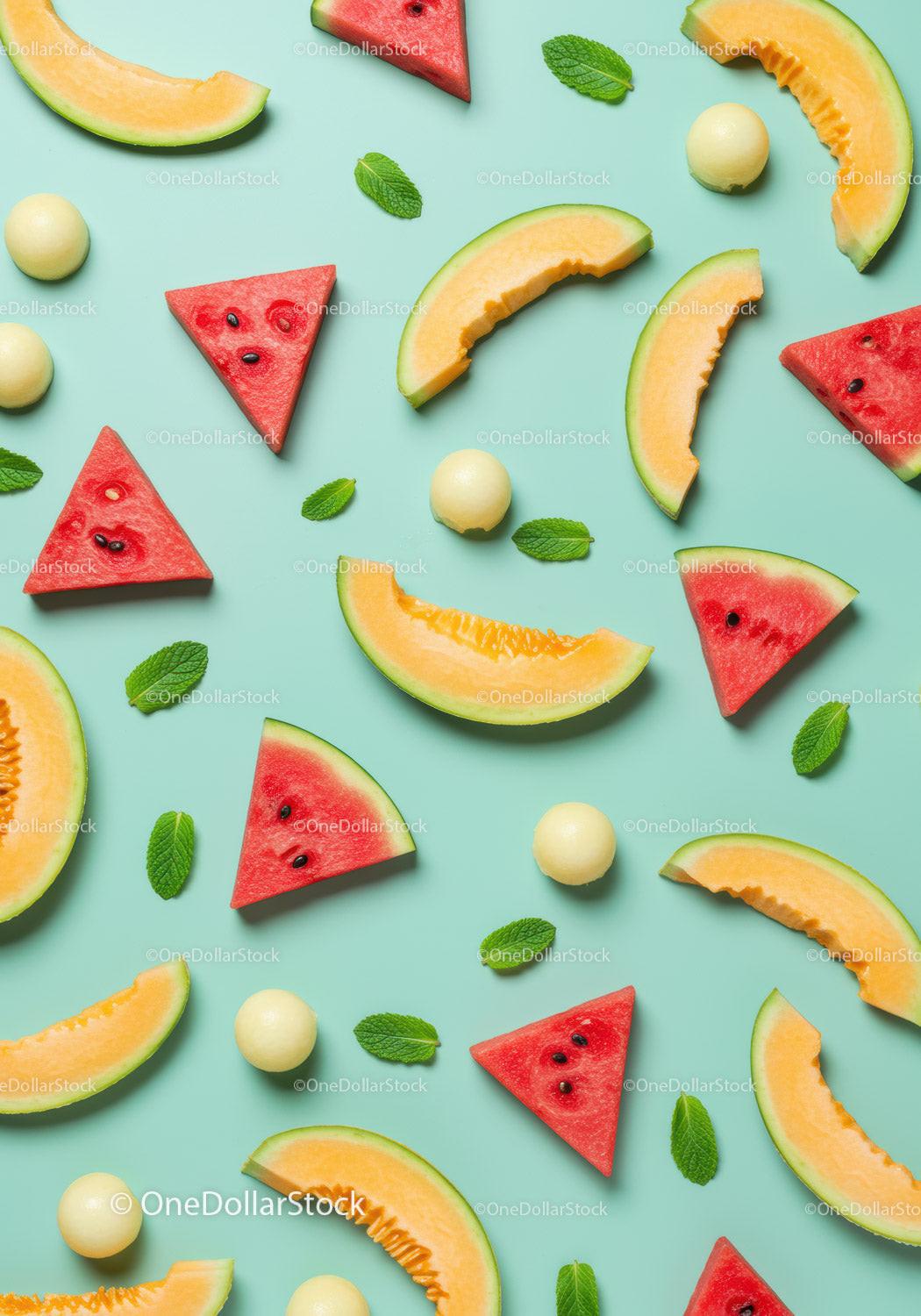 Fresh summer melon slices arranged with mint leaves
