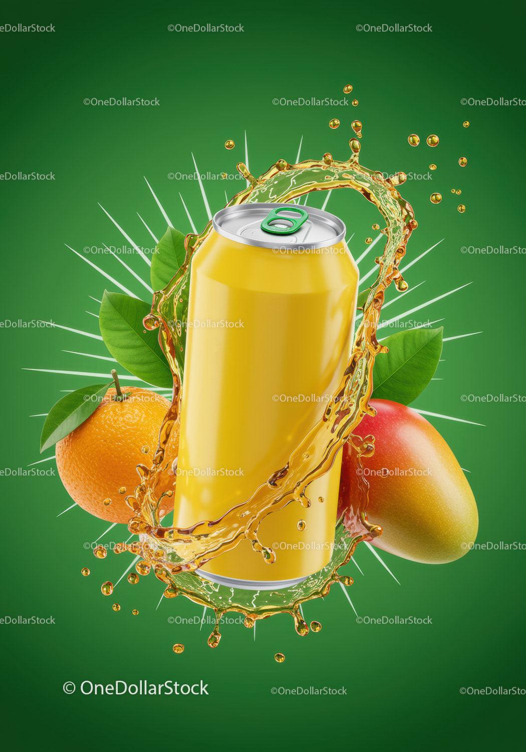 Refreshing tropical fruit drink can with splash effect JPG Mockup Image preview