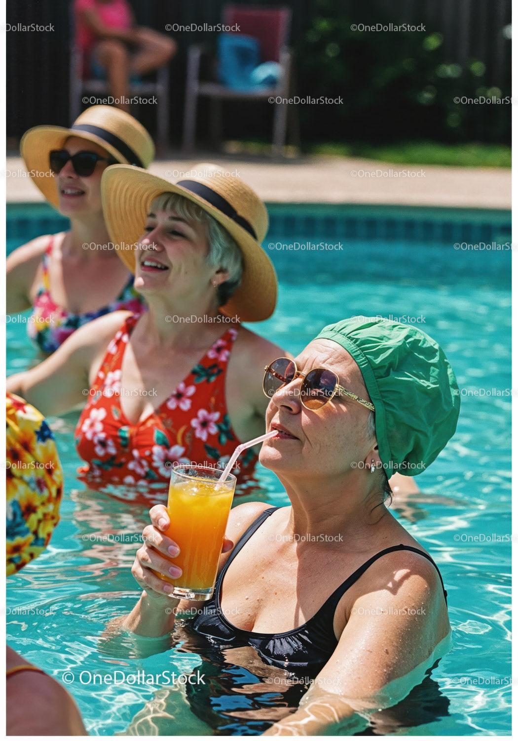 Elderly Women Relaxing and Drinking Refreshing Drinks in Pool Stock Photo Bundle preview 8