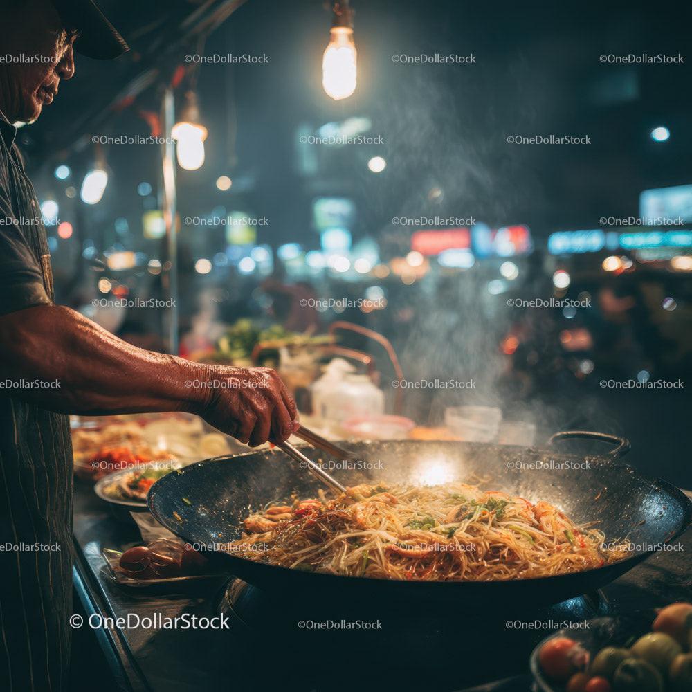 Night Market Street Food Vendor Cooking Steaming Asian Noodles