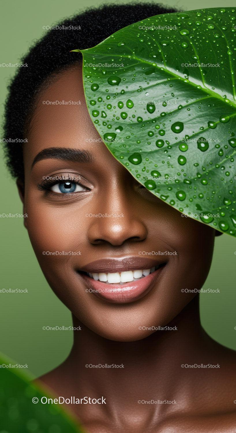 Elegant Woman with Leaf and Water Droplets for Natural Beauty