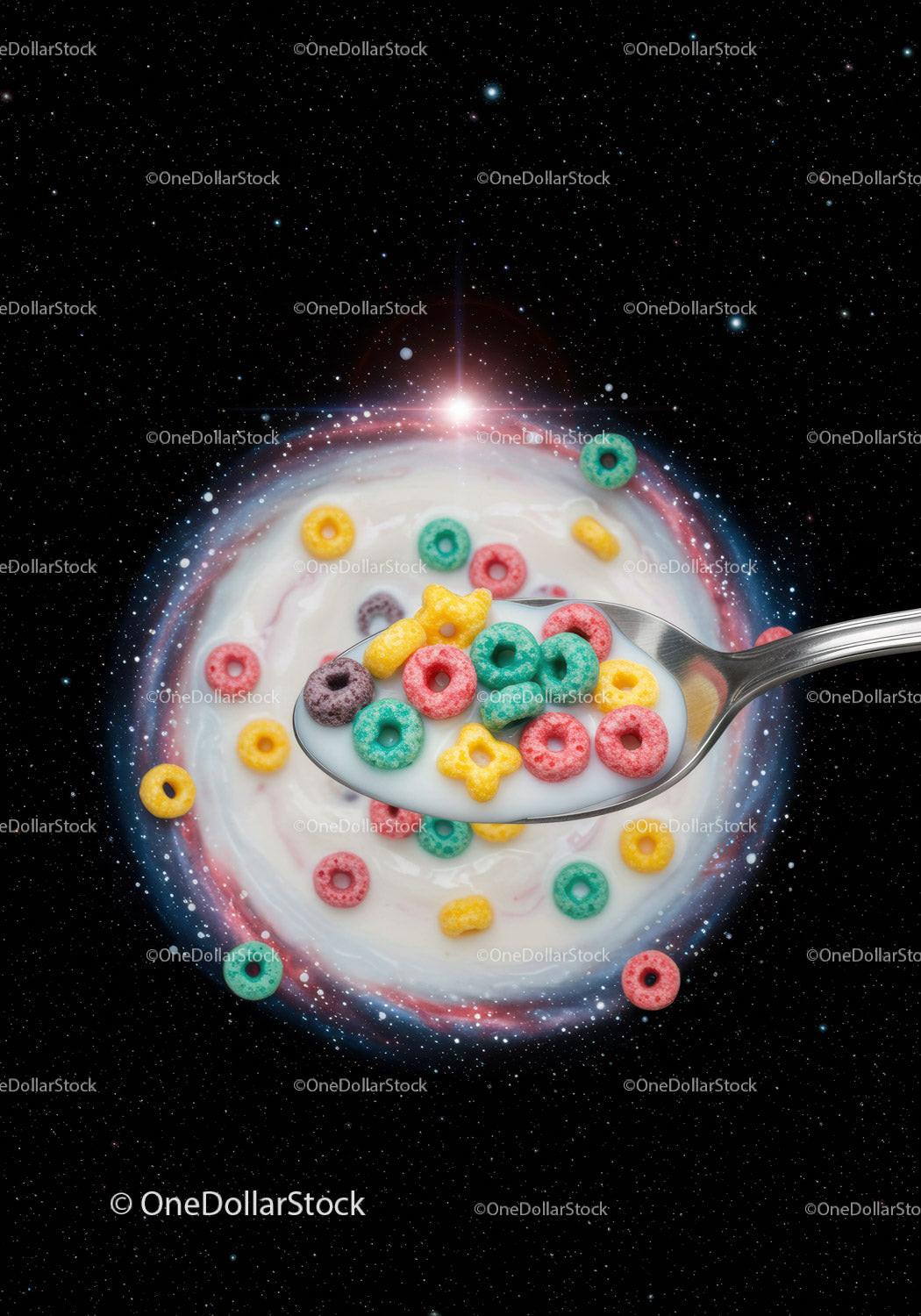Colorful Cereal in Milk Spoon Over Galaxy Background