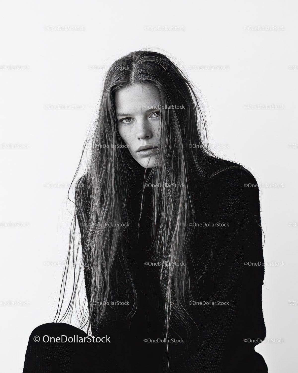 Monochrome Portrait of a Young Woman with Wet Hair and Intense Expression